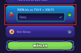 Bonus-Dialog AlfCasino: Code TASTY ausgewählt